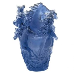 Daum Crystal Blue Horse Magnum Vase, 3 Silvered Heads